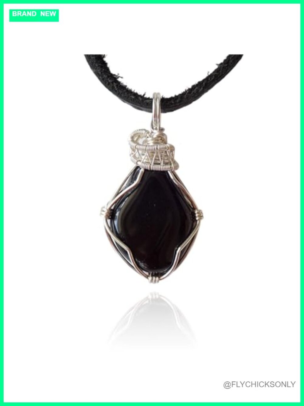 Handmade Onyx Crystal Necklace Silver Plated 24 in Leather Cord Reversible